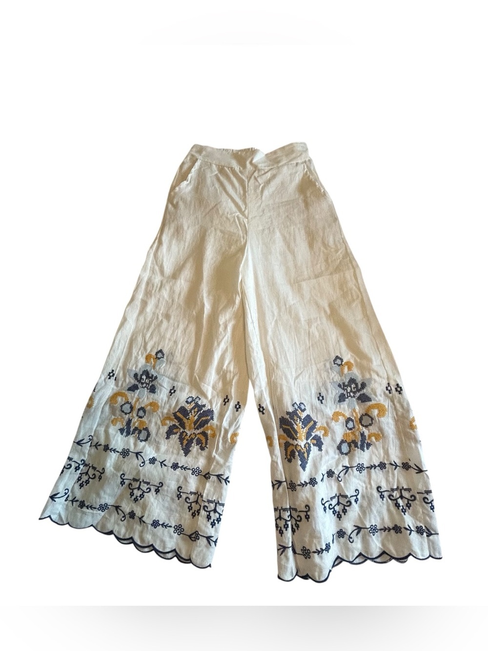 Nicole Miller Cream Wide-Leg Linen Pants with Navy & Gold Embroidery